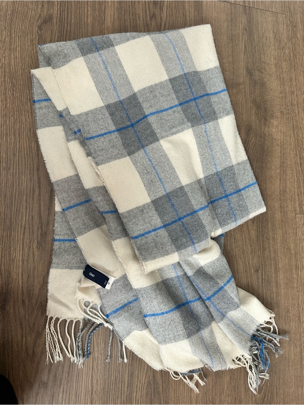 GAP Cream, Gray and Blue Plaid Fringe Oversized Scarf Wrap